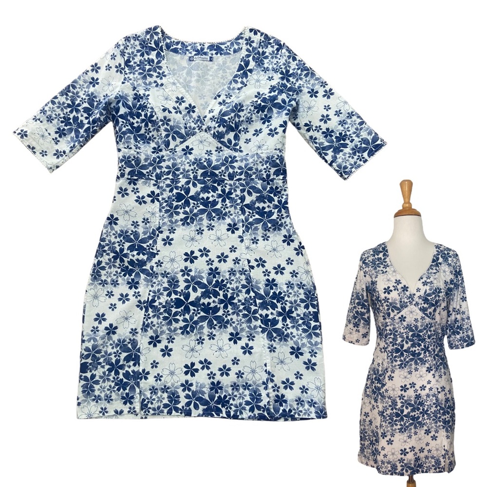 LA COTONNIERE Peruvian 100% Cotton Size S Small White Blue Floral Dress